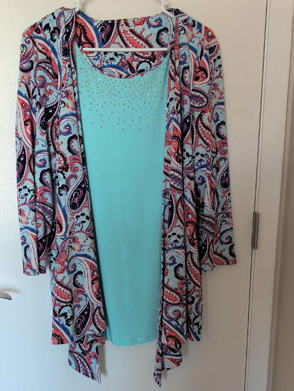 Kim Rogers Aqua Paisley Tank with Coral and Black Accents